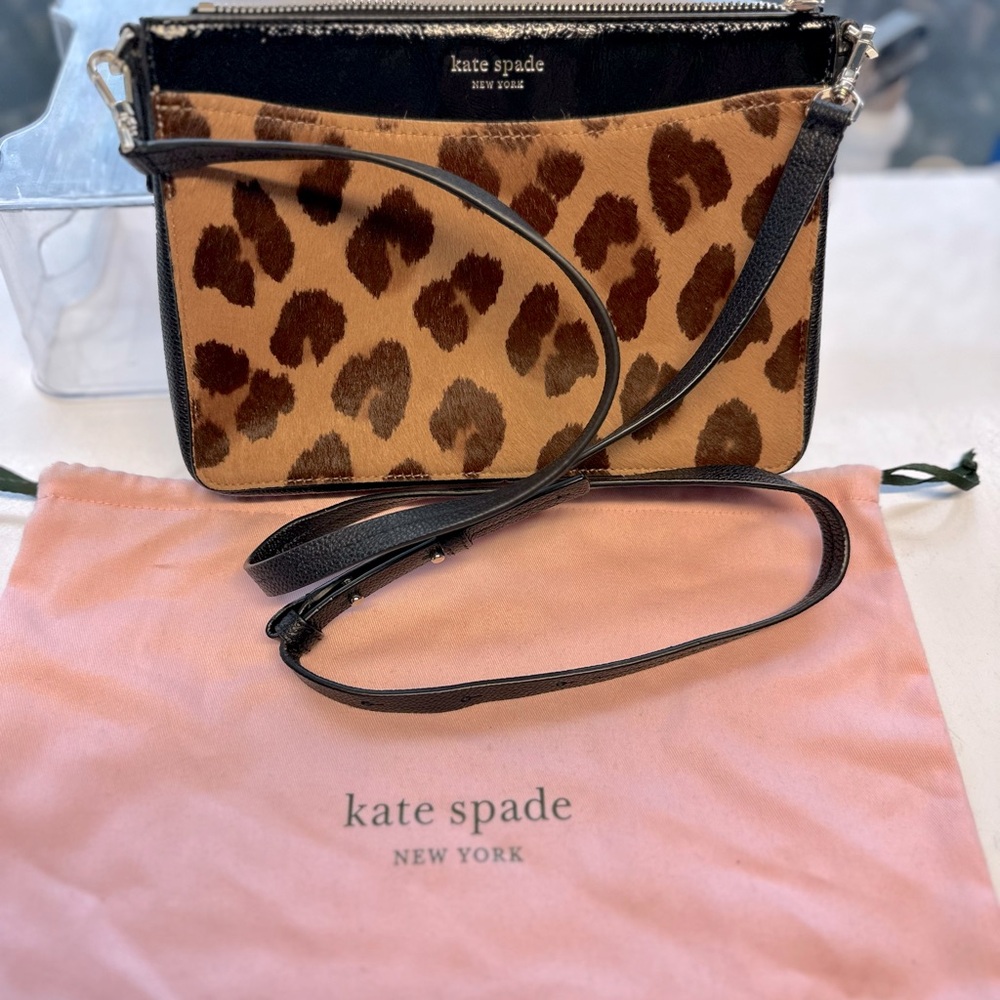 Kate Spade Leopard haircalf crossbody bag with pink drawstring dust cover
